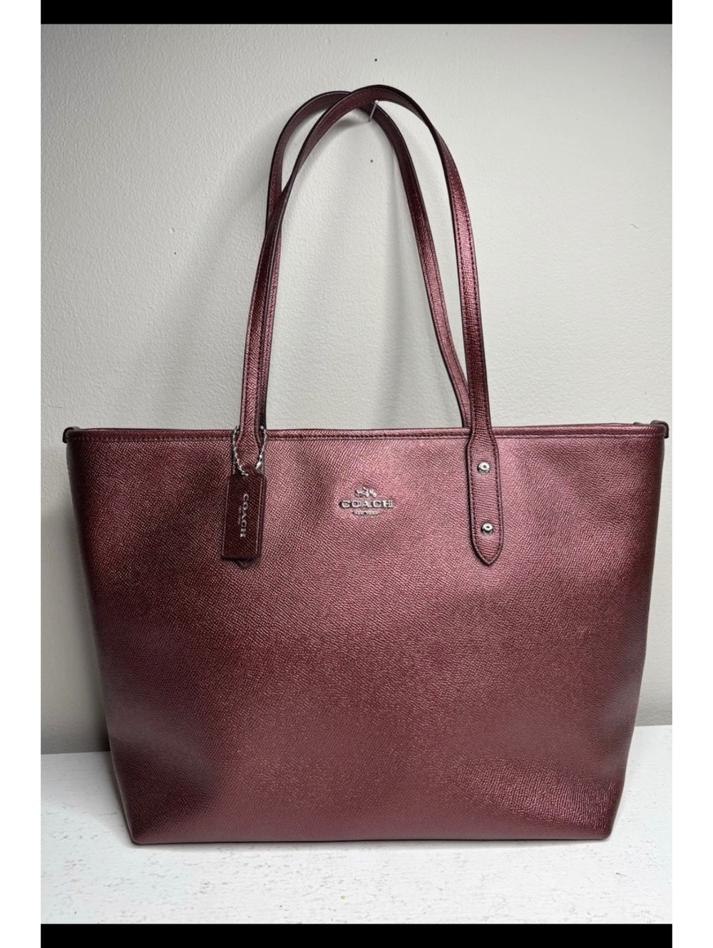 Coach Crossgrain Leather City Zip Tote Metallic Dark Wine Purse New